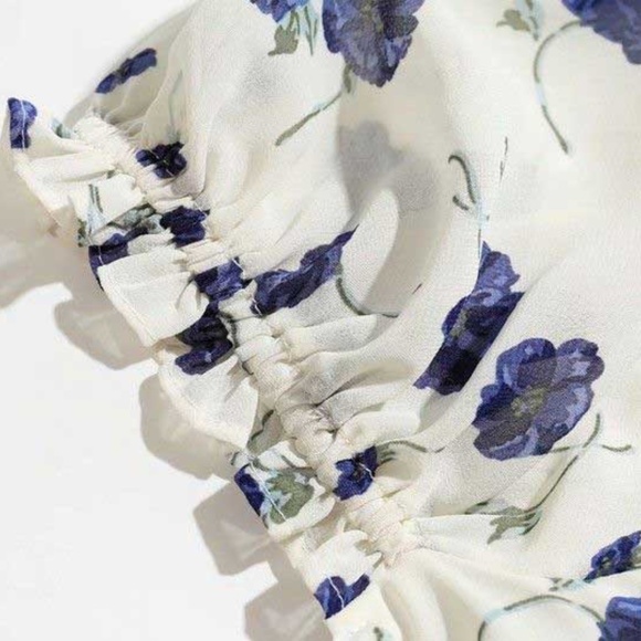 Bohemian Off White Blue Floral lace up Midi Dress Gypsy - Picture 6 of 11